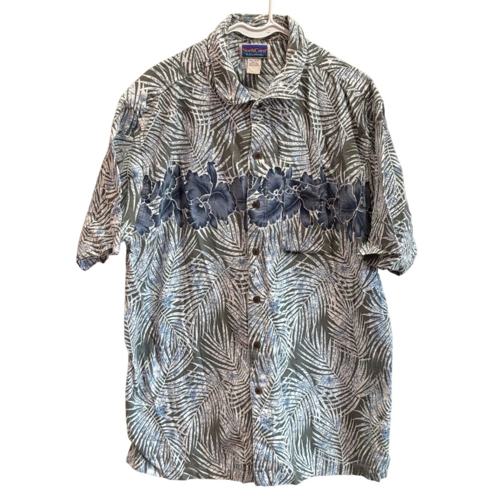 NorthCrest Mens Large Tropical Palm Floral Button Down Shirt Green Blue Cotton